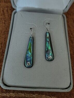 VTG A.T. Storrs Glacier Pearle Abalone Inlay Rhinestone Dangle Earrings 90s